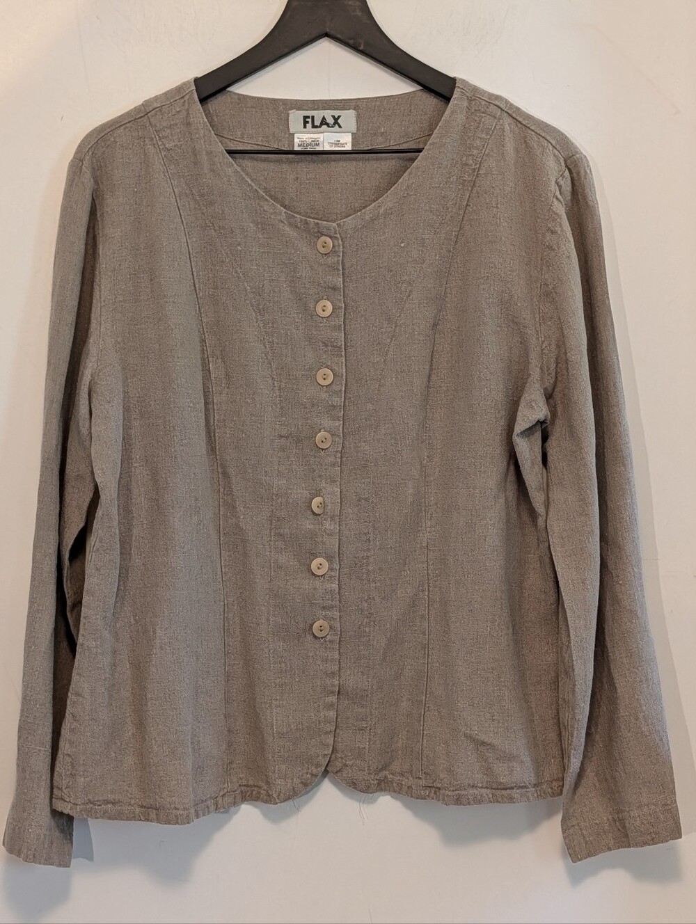 FLAX Linen Button Front Top Med Oatmeal Tan Lagenlook Shirt 12/14 Capsule Basic